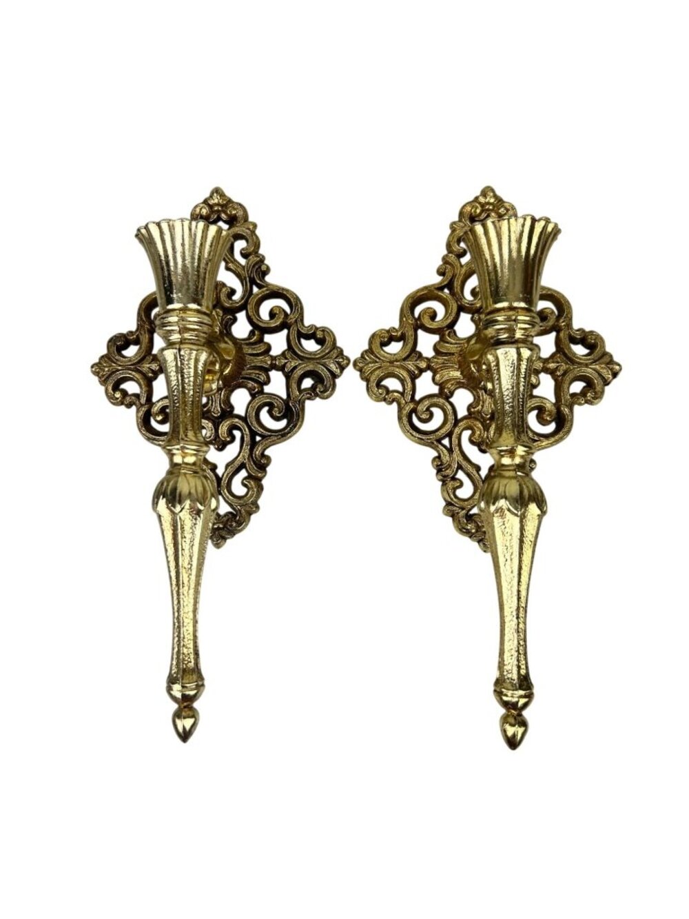 Metal Wall Mount Brass Gold Taper Candle Holders Scroll MCM Vintage Baroque READ